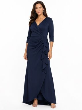 XSCAPE - Navy Ruched Ruffle Scuba Gown